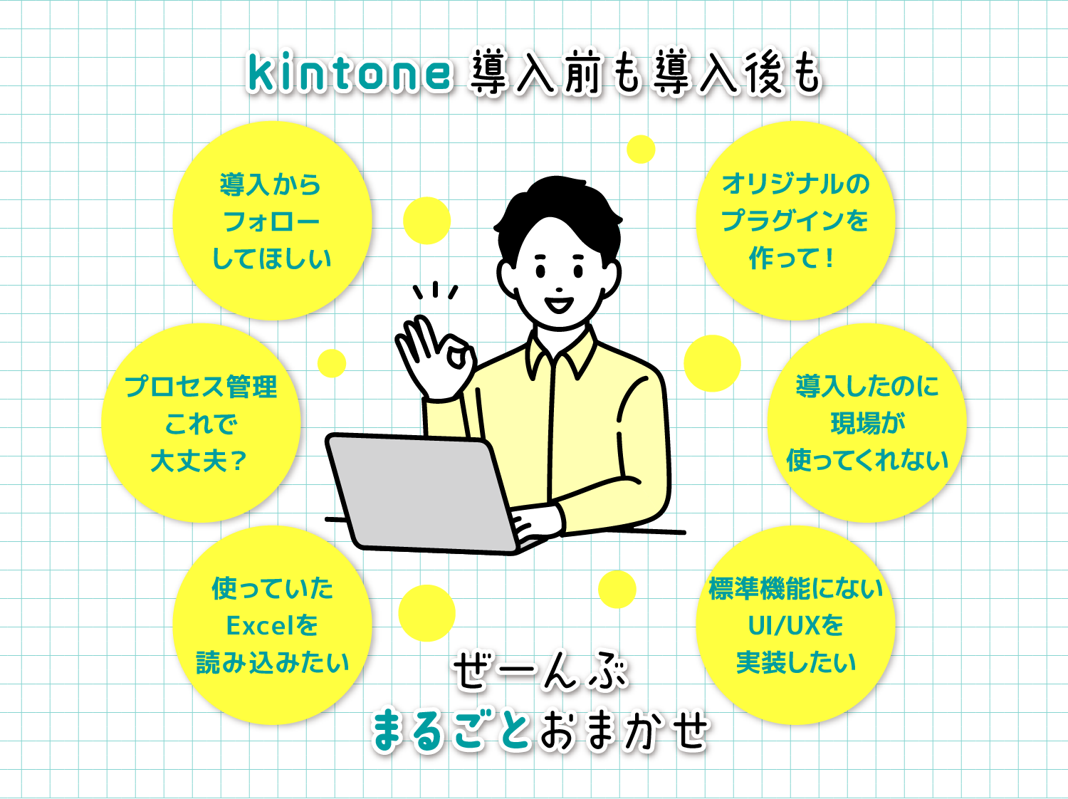 kintone 導入前も導入後も。導入からフォローしてほしい／オリジナルのプラグインを作って！／プロセス管理これで大丈夫？／導入したのに現場が使ってくれない／使っていたExcelを読み込みたい／標準機能にないUI/UXを実装したい。ぜーんぶ まるごとおまかせ。