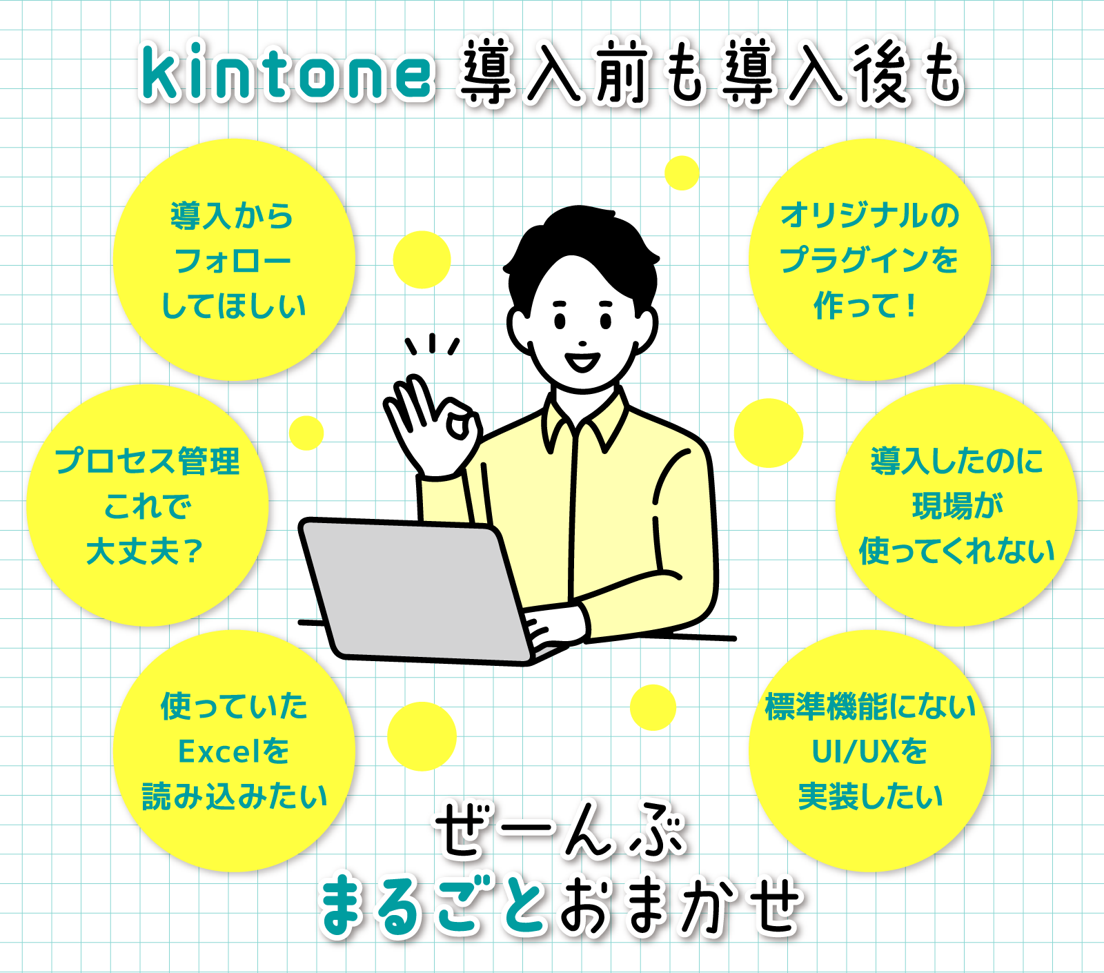 kintone 導入前も導入後も。導入からフォローしてほしい／オリジナルのプラグインを作って！／プロセス管理これで大丈夫？／導入したのに現場が使ってくれない／使っていたExcelを読み込みたい／標準機能にないUI/UXを実装したい。ぜーんぶ まるごとおまかせ。