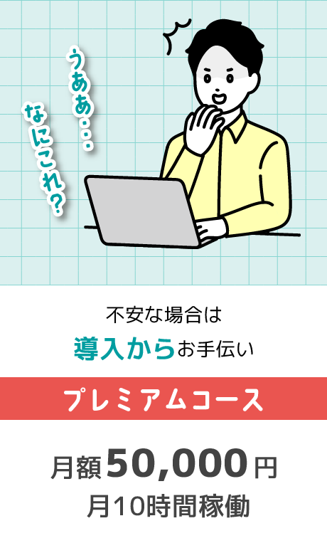プレミアムコース 月額50,000円 月10時間稼働。不安な場合は導入からお手伝い。